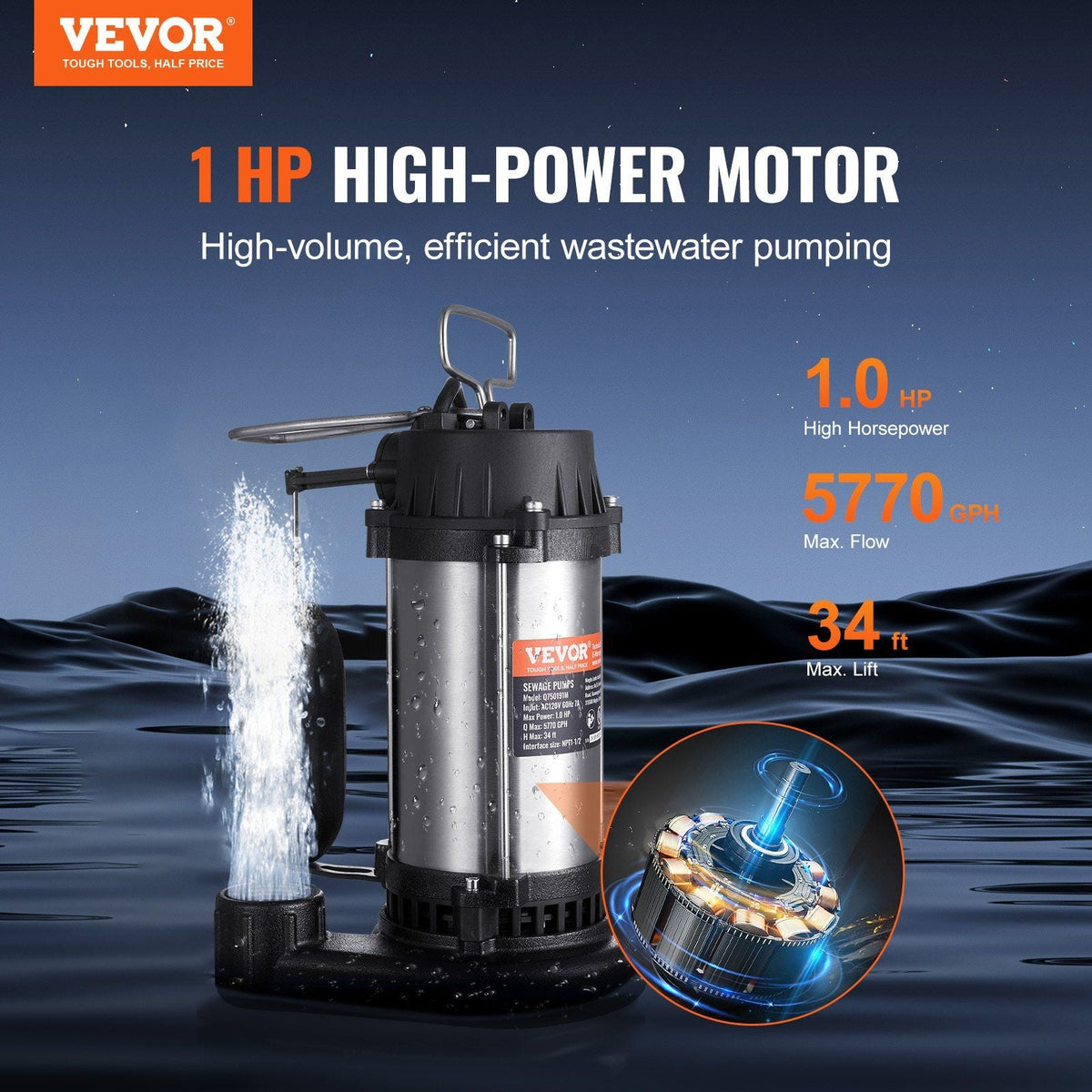 Submersible Sewage Pump Water Pump 1HP 5770GPH 34 ft Lift for Basement