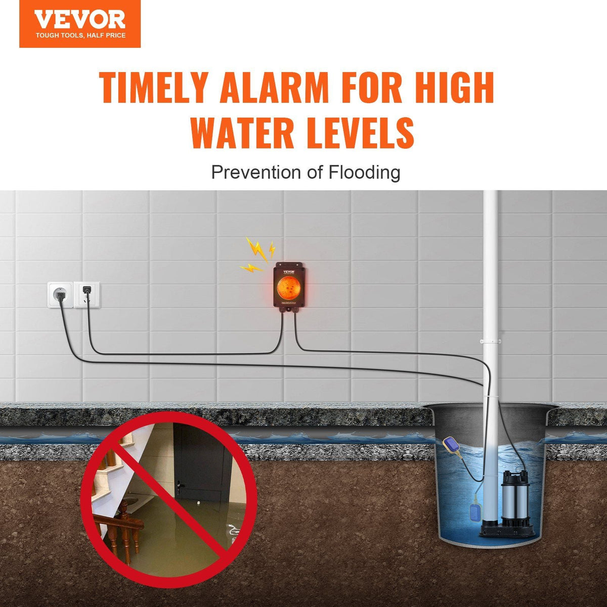 Sump Pump Alarm With 16.4ft Level Float Switch Loud Alarm LED Indicator