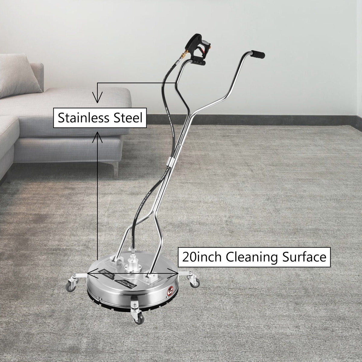Surface Cleaner 20 inch Flat Surface Cleaner for Pressure Washer 4000psi Pressure with 3/8 Quick Connector Surface Cleaner W/ Casters 10.5GPM Stainless Steel Rotating Rod & 3 Nozzle for Patio