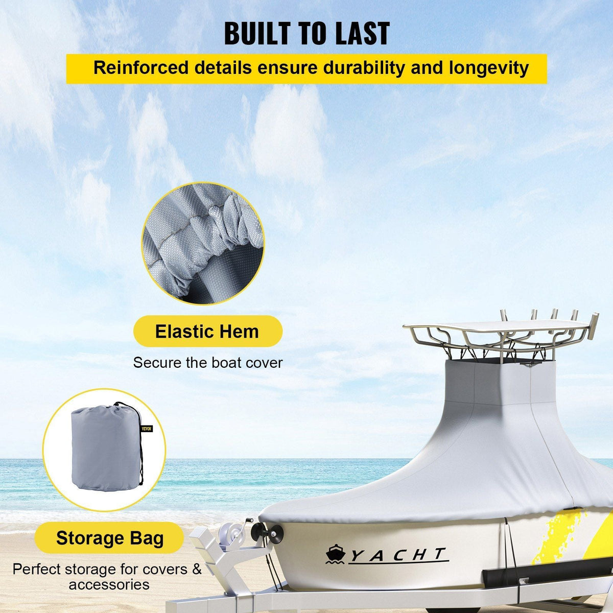 T-Top Boat Cover, Fit for 18.5'-20' Boat, Heavy Duty 600D Marine Grade Oxford Hard Top Cover, UV Resistant Waterproof Center Console Boat Cover w/ 2 Support Poles and 5 Wind-Proof Straps, Gray