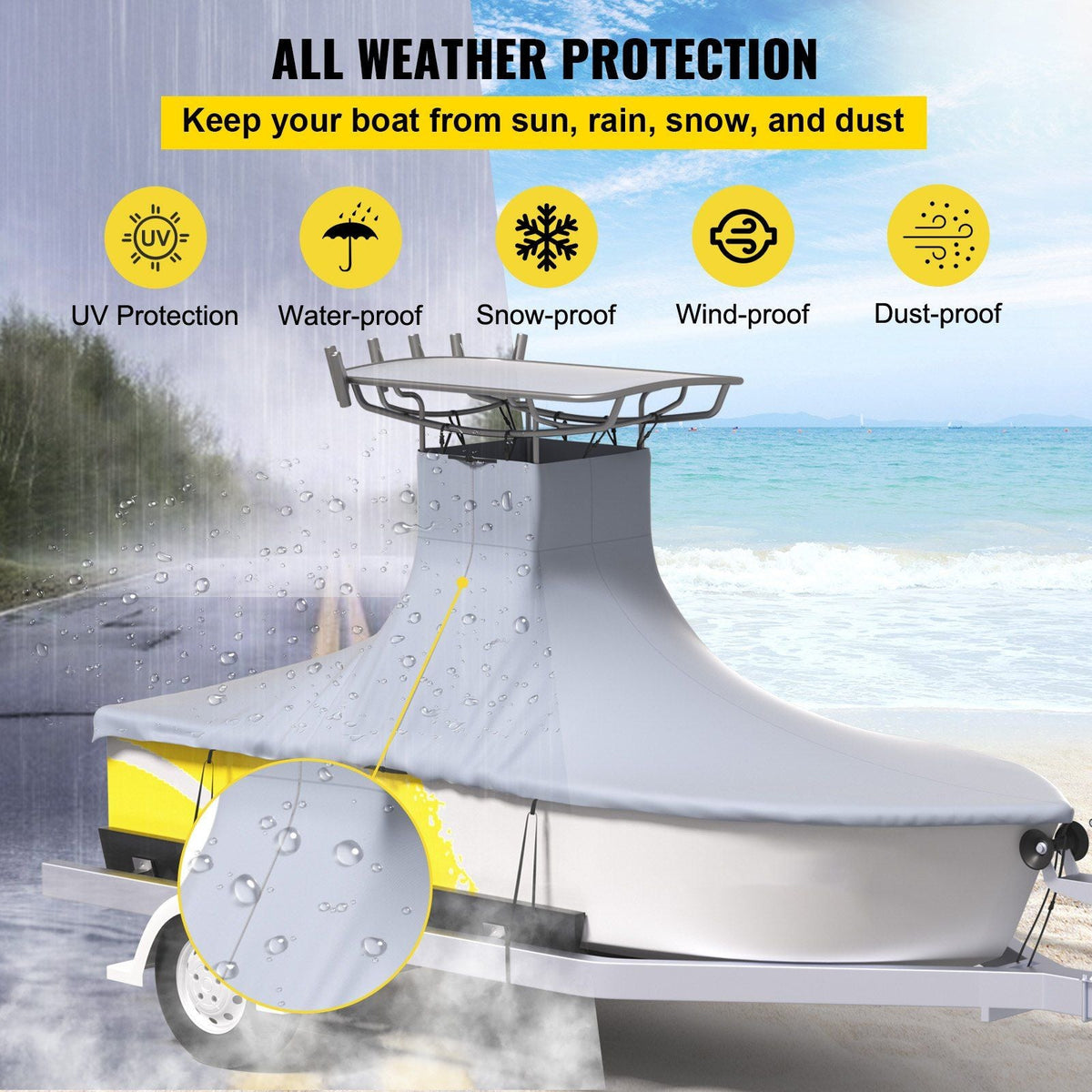 T-Top Boat Cover, Fit for 20'-22' Boat, Heavy Duty 600D Marine Grade Oxford Hard Top Cover, UV Resistant Waterproof Center Console Boat Cover w/ 2 Support Poles and 7 Wind-Proof Straps, Gray