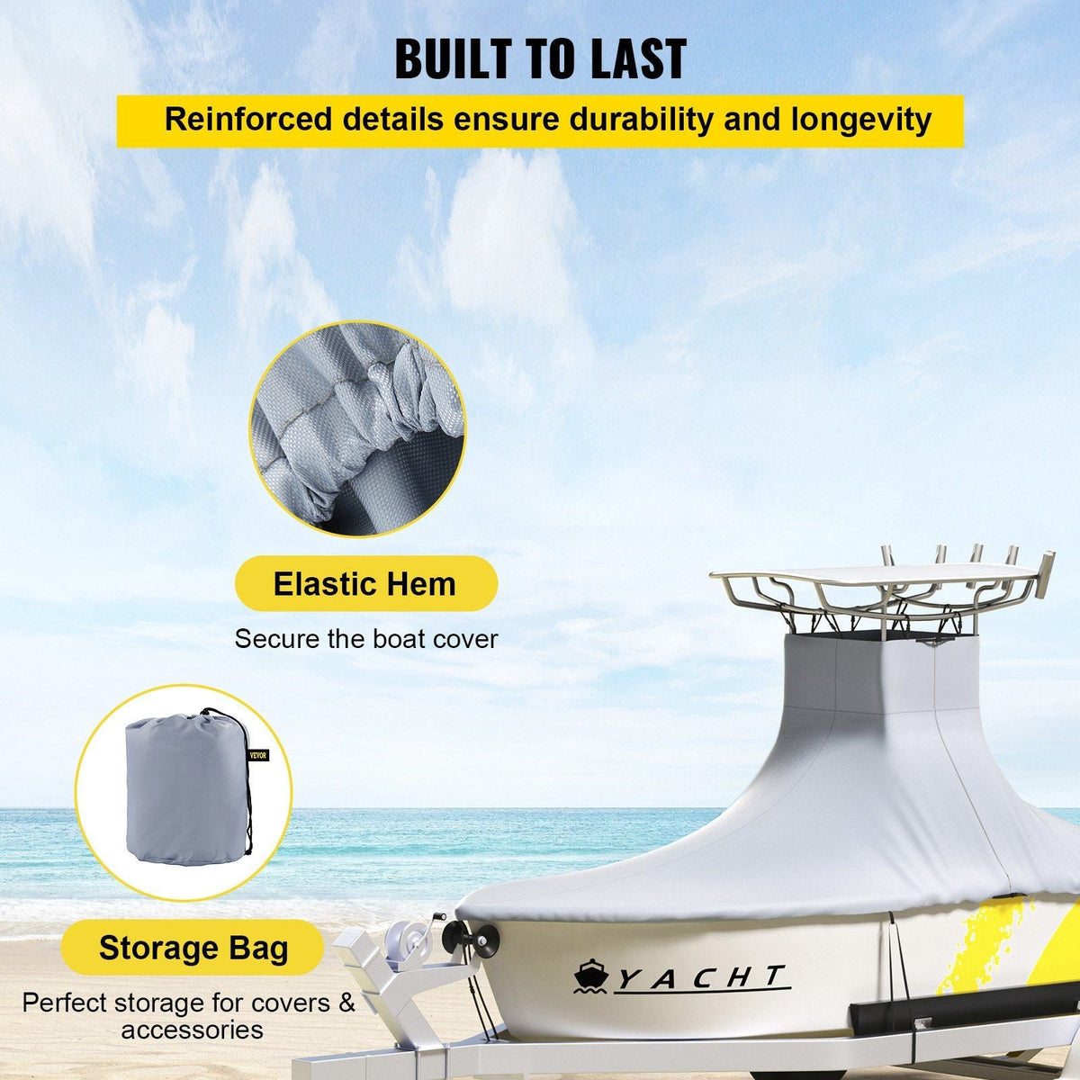 T-Top Boat Cover, Fit for 20'-22' Boat, Heavy Duty 600D Marine Grade Oxford Hard Top Cover, UV Resistant Waterproof Center Console Boat Cover w/ 2 Support Poles and 7 Wind-Proof Straps, Gray