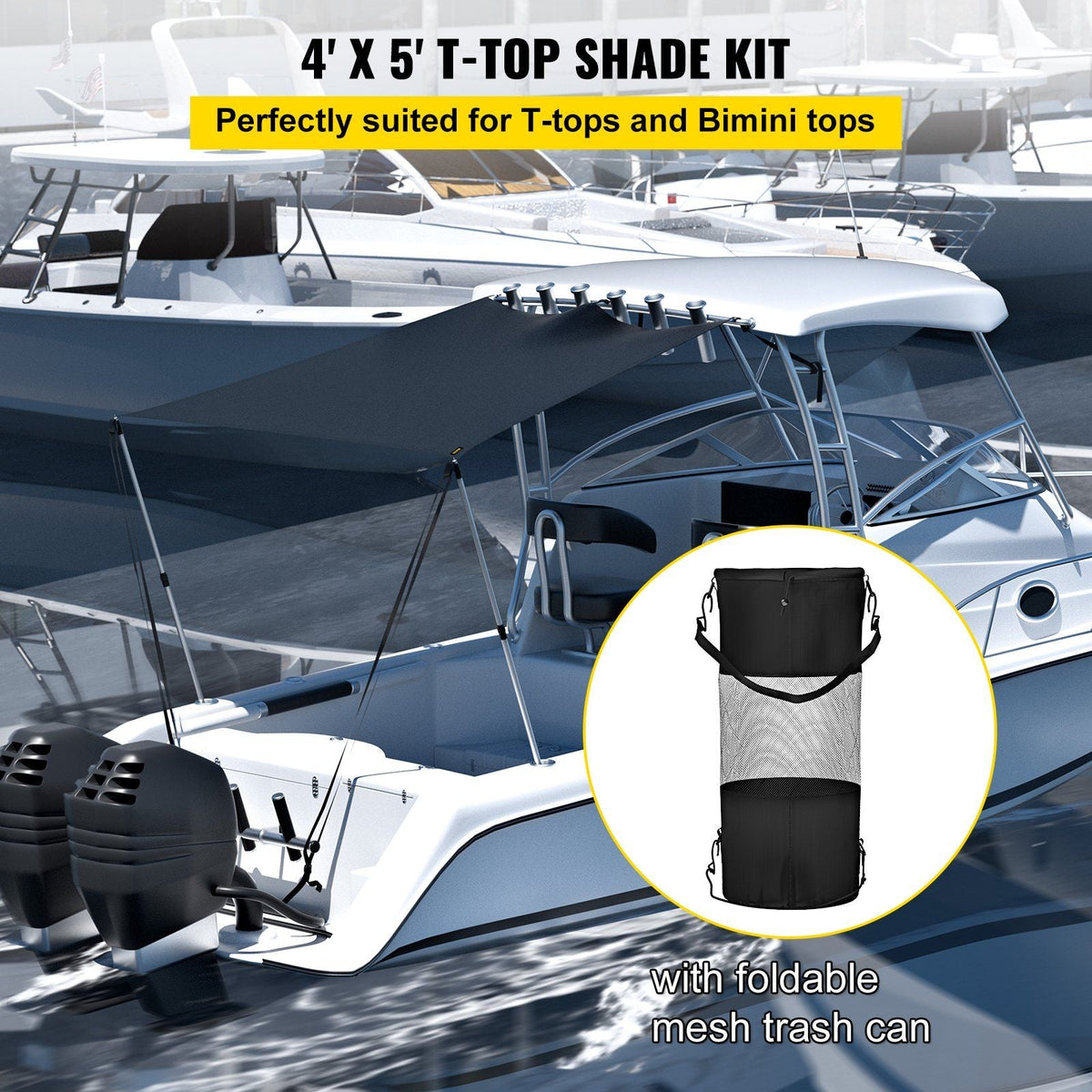 T-Top Sun Shade Kit 4' x 5', UV-Proof 600D Polyester T-top Extension Kit with Rustproof Steel Telescopic Poles, Waterproof T-Top Shade Kit, Easy to Assemble for T-Tops & Bimini Top