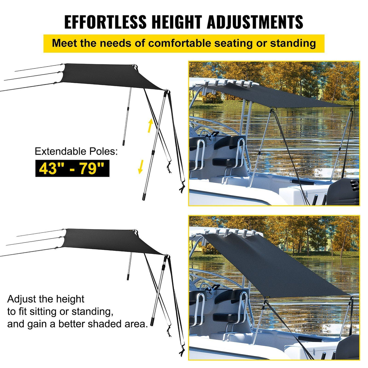 T-Top Sun Shade Kit 4' x 5', UV-Proof 600D Polyester T-top Extension Kit with Rustproof Steel Telescopic Poles, Waterproof T-Top Shade Kit, Easy to Assemble for T-Tops & Bimini Top
