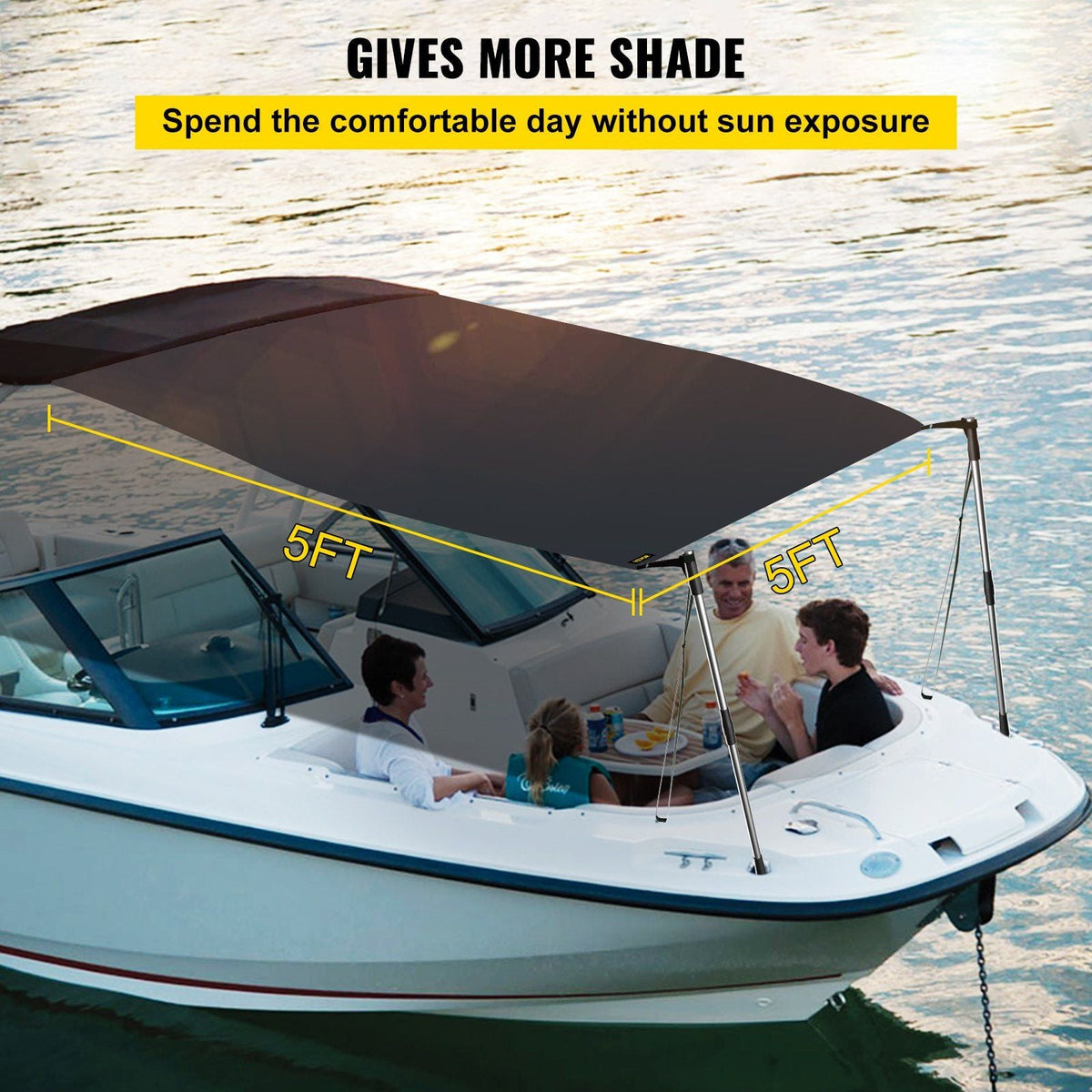 T-Top Sun Shade Kit 5' x 5', UV-Proof 600D Polyester T-top Extension Kit with Rustproof Steel Telescopic Poles, Waterproof T-Top Shade Kit, Easy to Assemble for T-Tops & Bimini Top