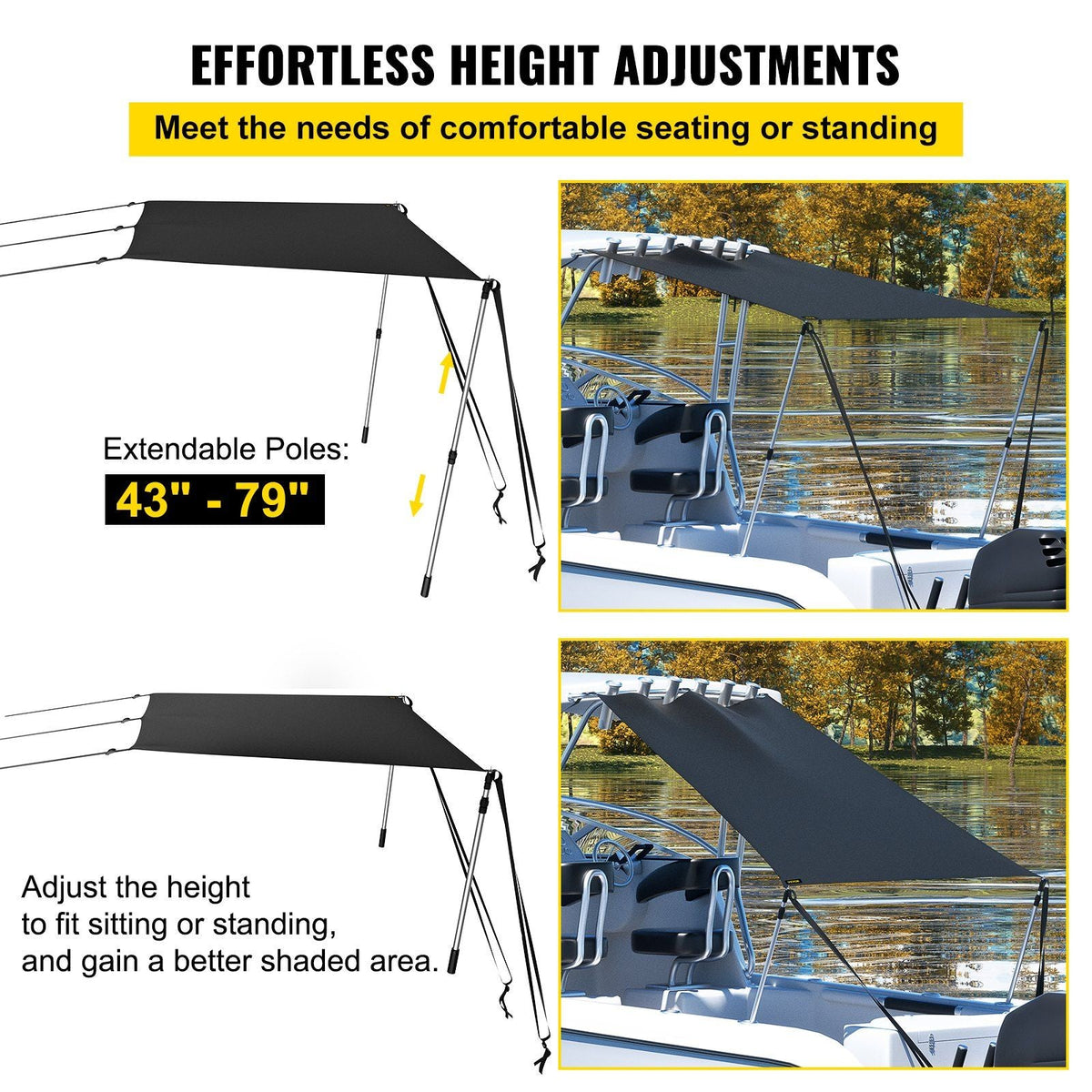 T-Top Sun Shade Kit 5' x 5', UV-Proof 600D Polyester T-top Extension Kit with Rustproof Steel Telescopic Poles, Waterproof T-Top Shade Kit, Easy to Assemble for T-Tops & Bimini Top