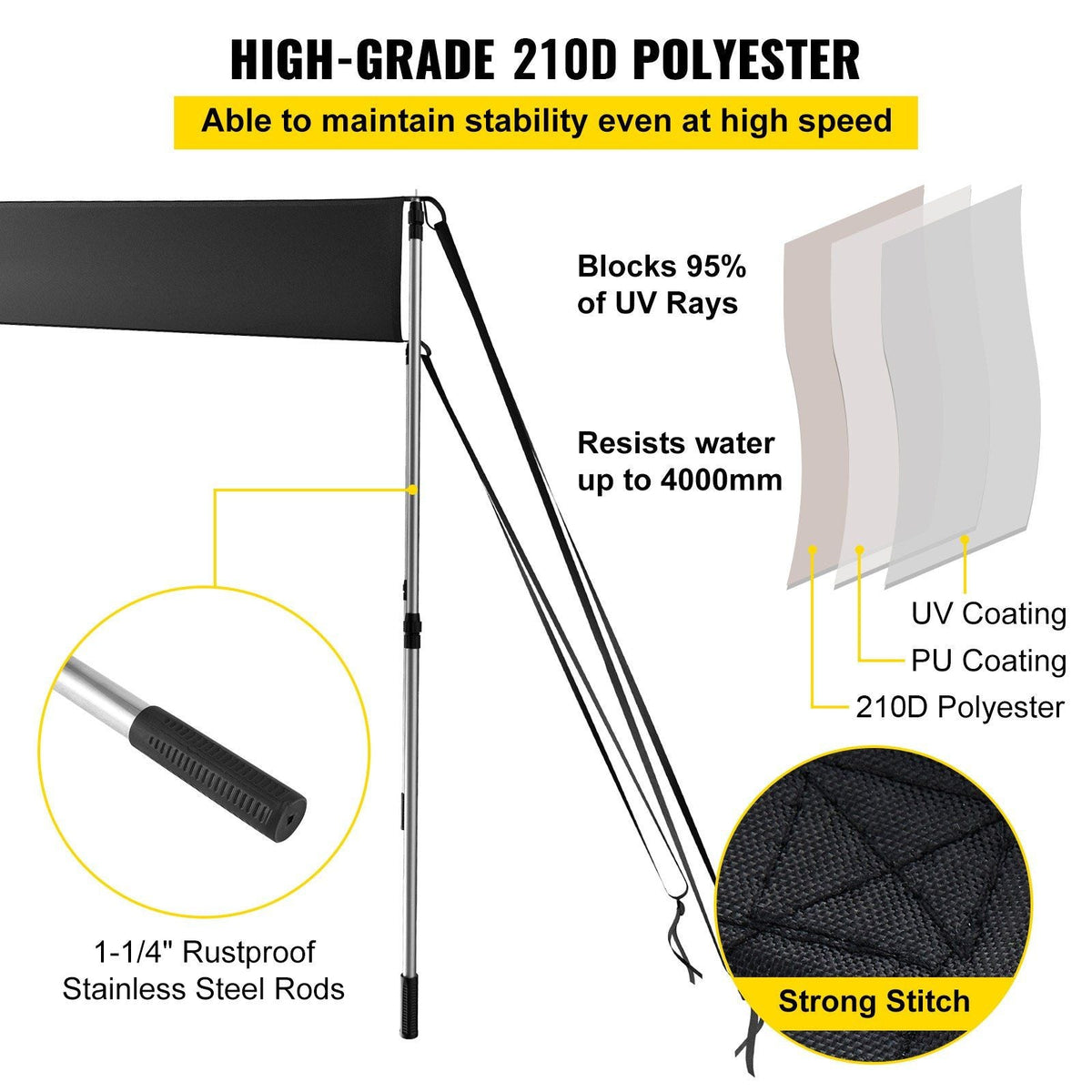 T-Top Sun Shade Kit 6' x 5', UV-Proof 600D Polyester T-top Extension Kit with Rustproof Steel Telescopic Poles, Waterproof T-Top Shade Kit, Easy to Assemble for T-Tops & Bimini Top