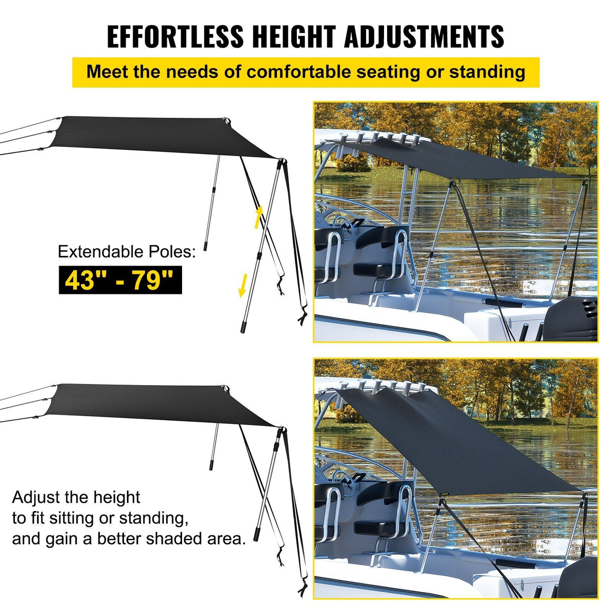 T-Top Sun Shade Kit 6' x 5', UV-Proof 600D Polyester T-top Extension Kit with Rustproof Steel Telescopic Poles, Waterproof T-Top Shade Kit, Easy to Assemble for T-Tops & Bimini Top