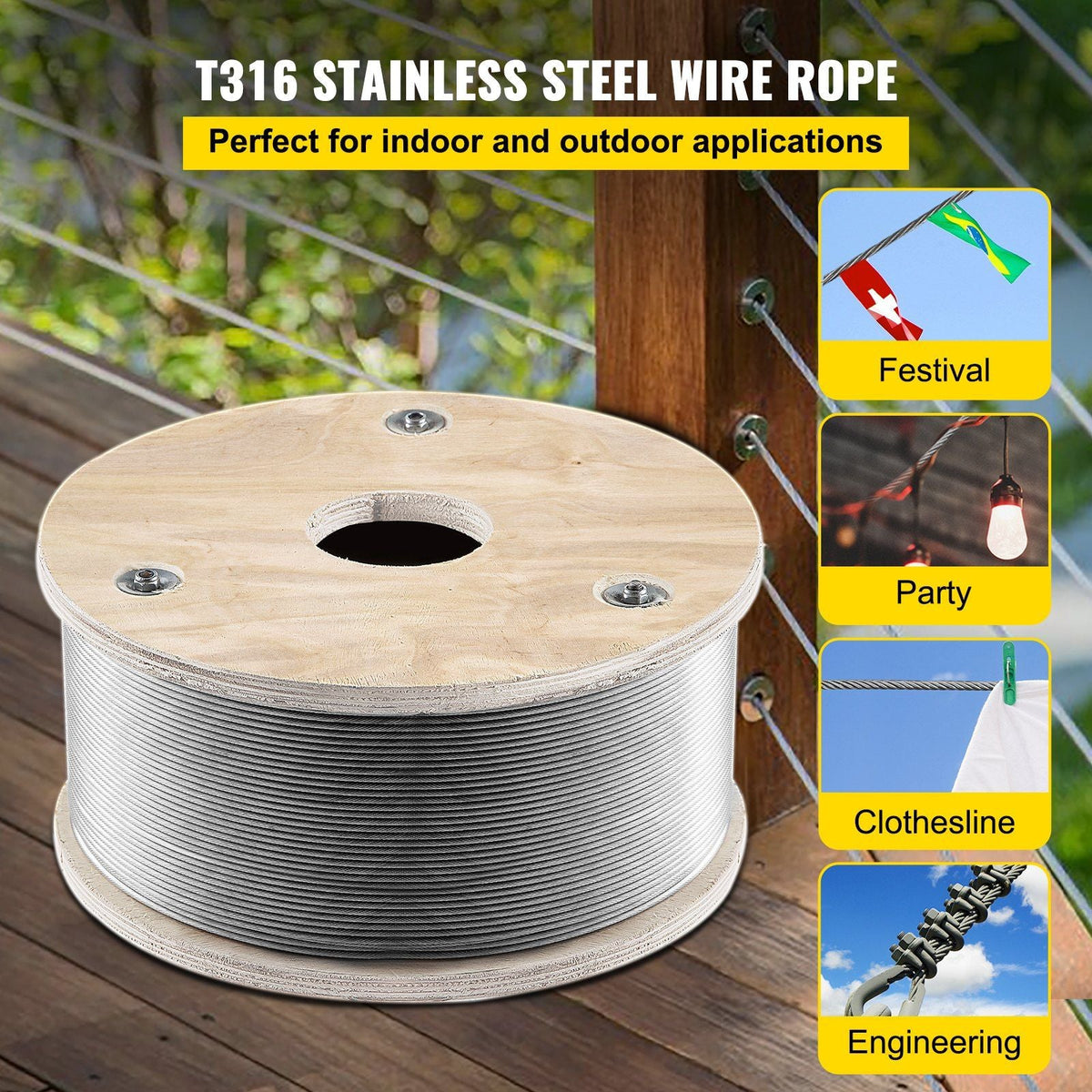 T316 Stainless Steel Wire Rope, 1/8'' Steel Wire Cable, 500ft Aircraft Cable w/ 1x19 Strands Core, Steel Cable Wire 2100 lbs Breaking Strength for Railing Decking, Stair, Clothesline, Handrail