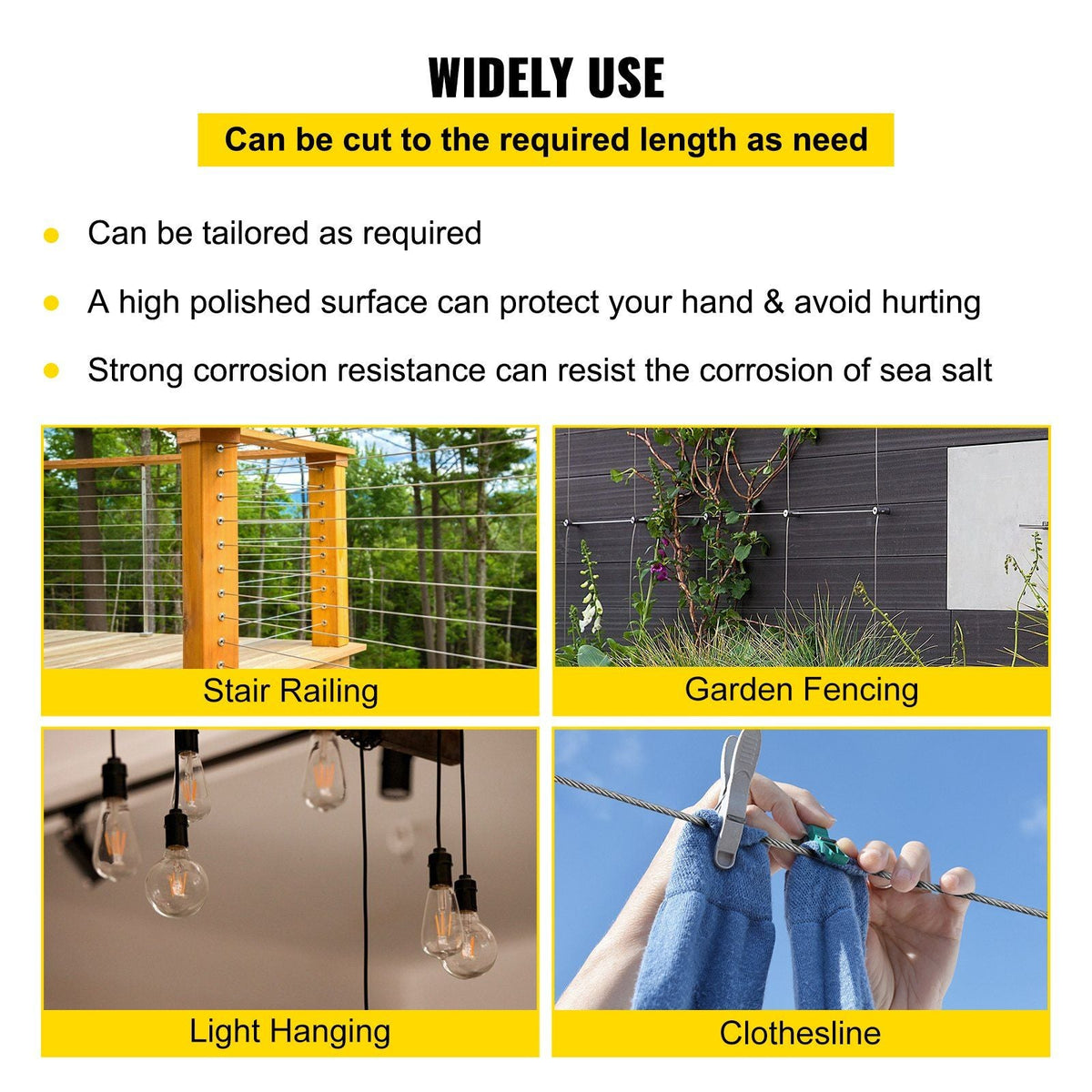 T316 Stainless Steel Wire Rope, 1/8'' Steel Wire Cable, 500ft Aircraft Cable w/ 1x19 Strands Core, Steel Cable Wire 2100 lbs Breaking Strength for Railing Decking, Stair, Clothesline, Handrail