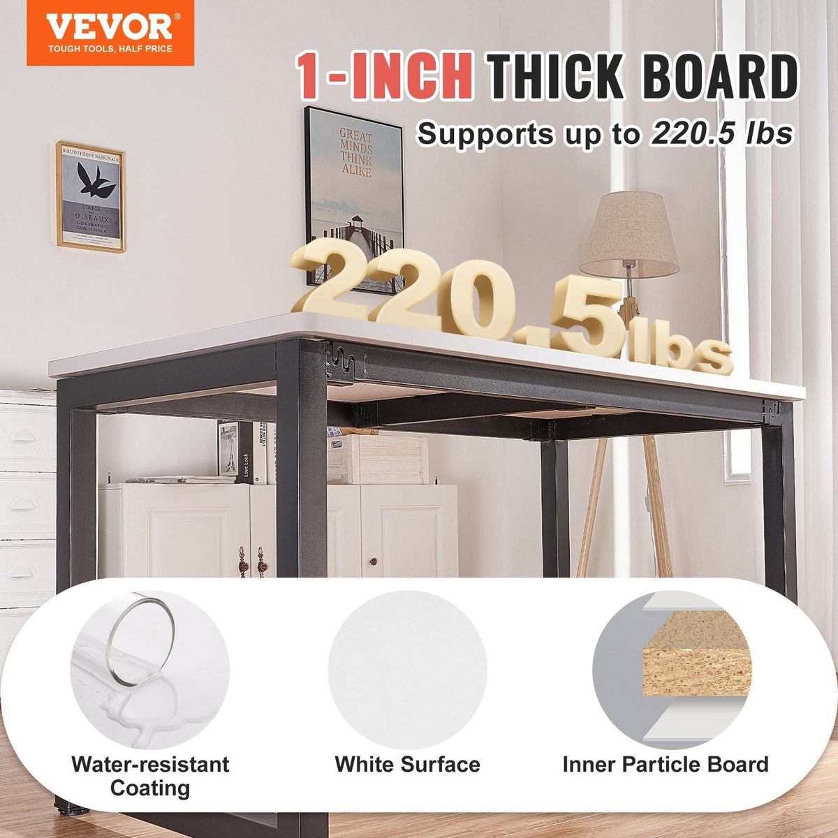 Table Top, 47.2" x 29.5" x 1", 220.5 lbs Load Capacity, Universal One-Piece Particle Board Desktop for Height Adjustable Electric Standing Desk Frame, Rectangular Countertop for Home and Office