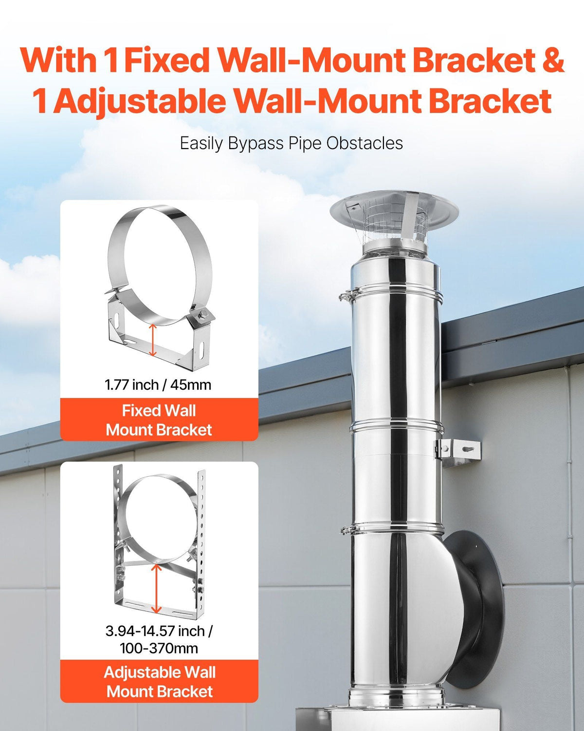 Through the Wall Kit for 6-Inch Chimney Pipe, 304 Stainless Steel External Through Wall Chimney Kit with Cone-Top Rain Cap, Adjustable Mounting Bracket, Base Support for Outdoor Roof, Silver