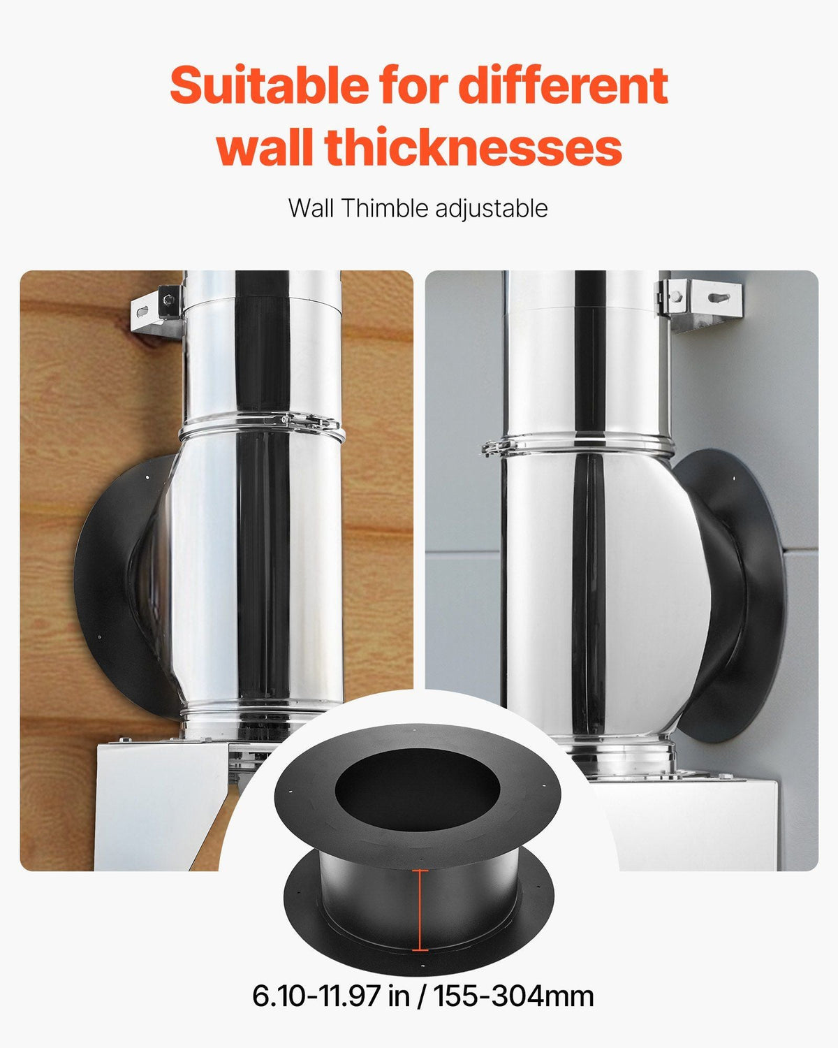 Through the Wall Kit for 6-Inch Chimney Pipe, 304 Stainless Steel External Through Wall Chimney Kit with Cone-Top Rain Cap, Adjustable Mounting Bracket, Base Support for Outdoor Roof, Silver