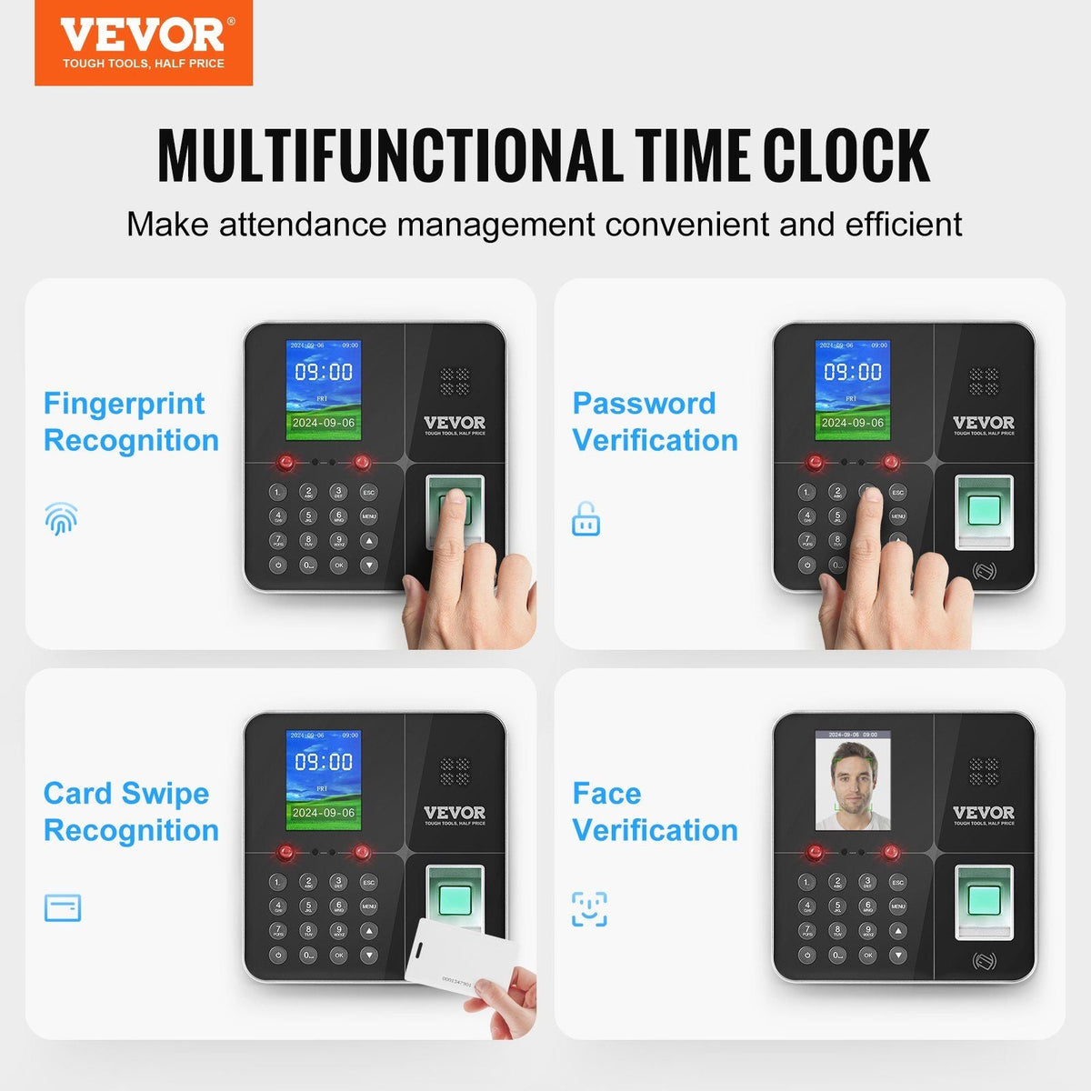 Time Clocks for Employees Small Business with Face, Fingerprint, RFID and PIN Punching in One, Biometric Time Clock with 5 RFID Cards & USB Drive, Automatic Punch in/Out, No Monthly Fees