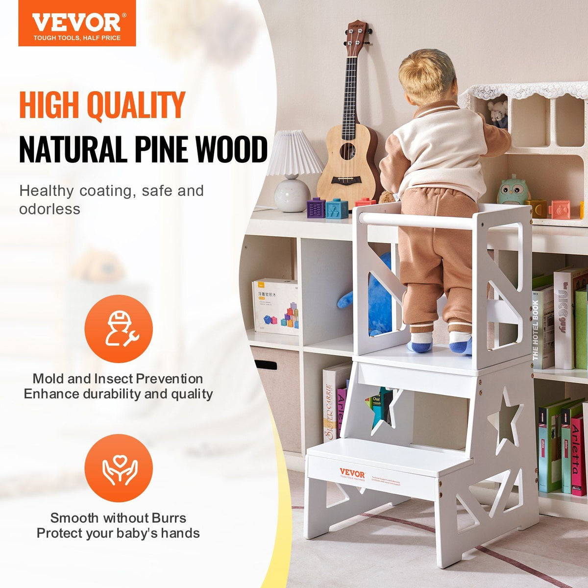 Toddler Step Stool, Natural Pine Wood Kids Kitchen Stool with Safety Rail, Standing Tower Learning Stool for Bedroom Bathroom Kitchen Counter, 150LBS Loading Capacity, White