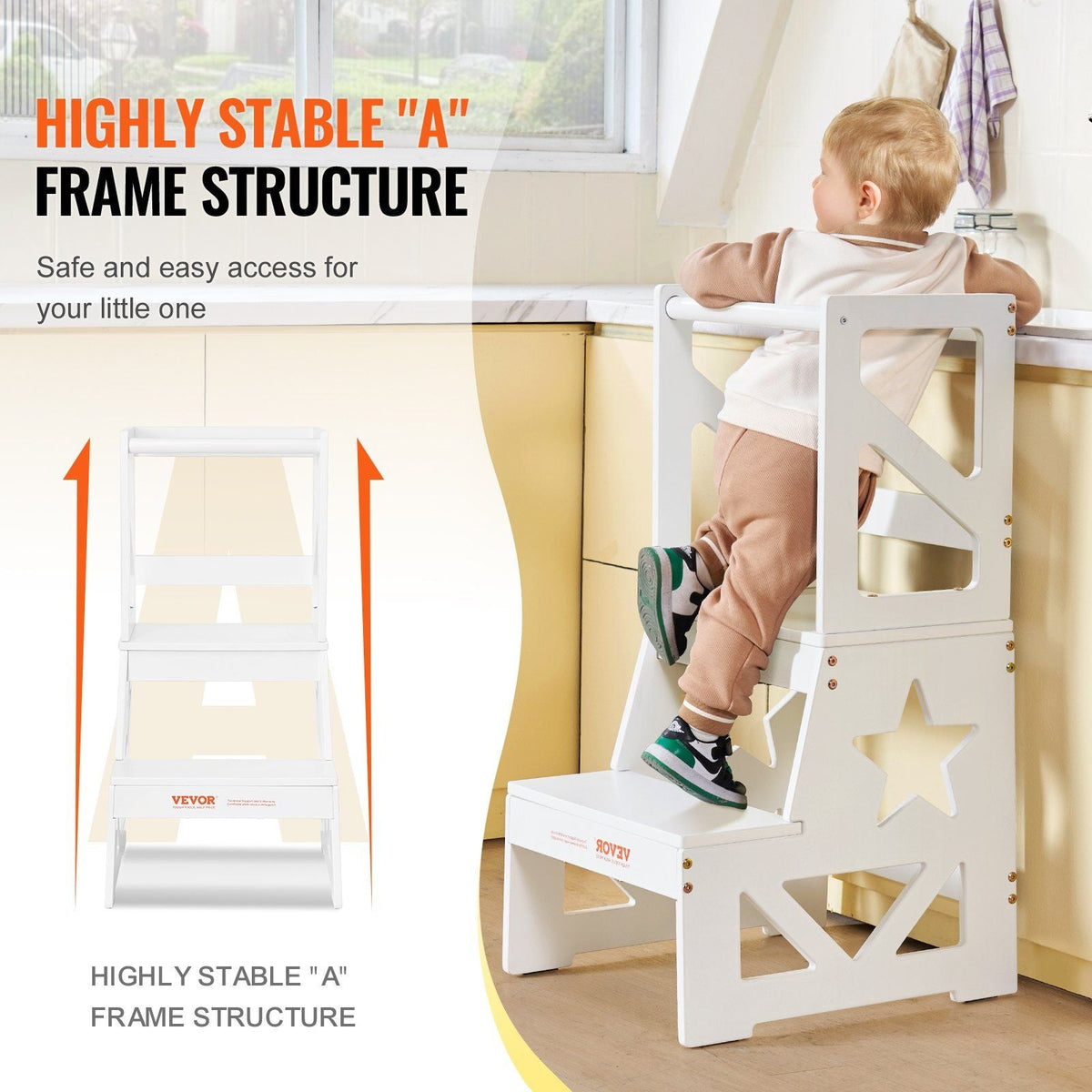 Toddler Step Stool, Natural Pine Wood Kids Kitchen Stool with Safety Rail, Standing Tower Learning Stool for Bedroom Bathroom Kitchen Counter, 150LBS Loading Capacity, White
