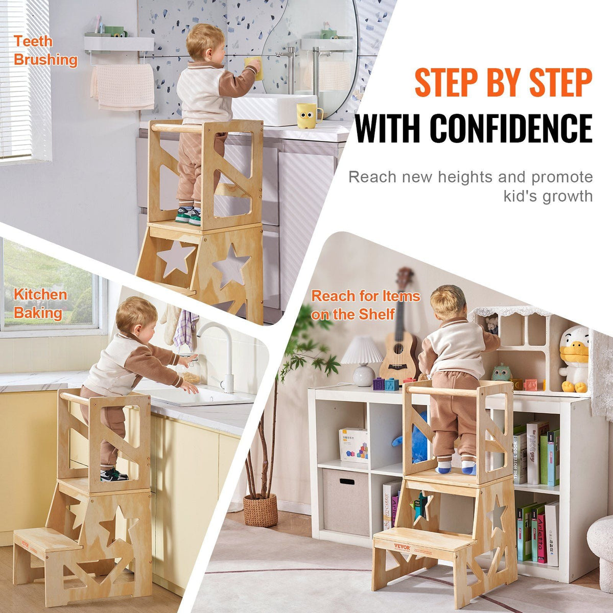Toddler Step Stool, Natural Pine Wood Kids Kitchen Stool with Safety Rail, Standing Tower Learning Stool for Bedroom Bathroom Kitchen Counter, 150LBS Loading Capacity