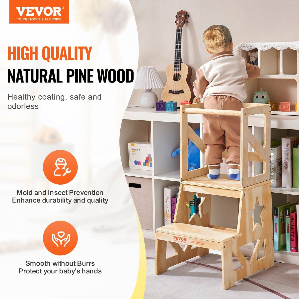 Toddler Step Stool, Natural Pine Wood Kids Kitchen Stool with Safety Rail, Standing Tower Learning Stool for Bedroom Bathroom Kitchen Counter, 150LBS Loading Capacity
