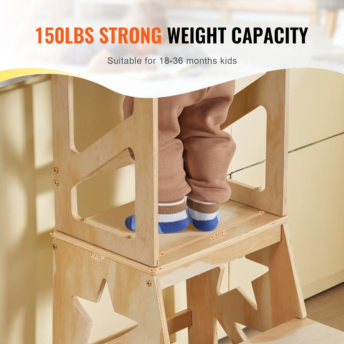 Toddler Step Stool, Natural Pine Wood Kids Kitchen Stool with Safety Rail, Standing Tower Learning Stool for Bedroom Bathroom Kitchen Counter, 150LBS Loading Capacity