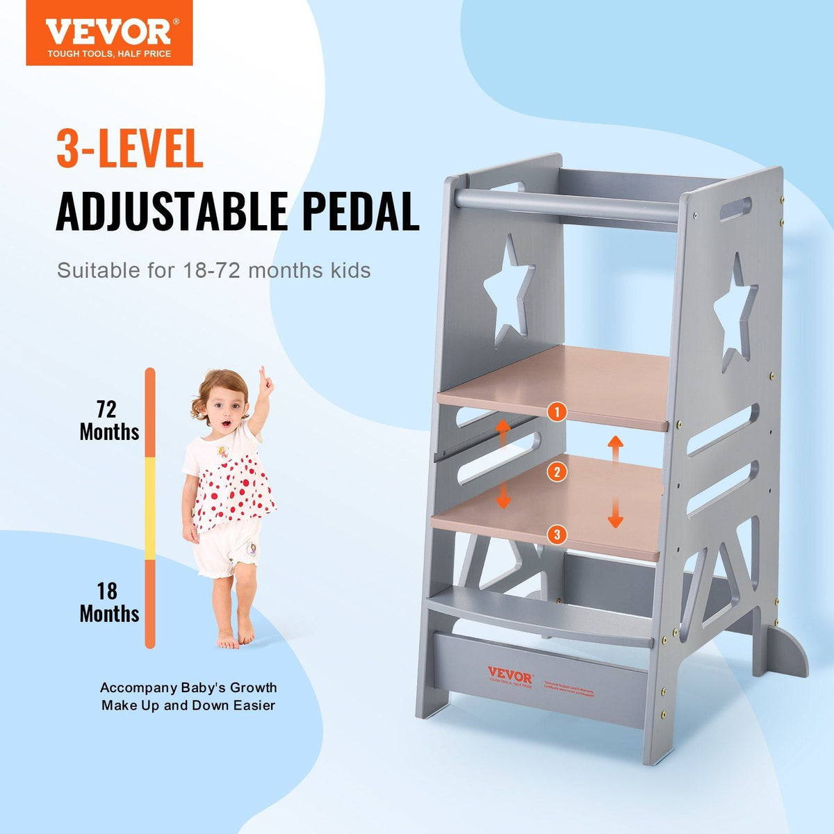 Tower Step Stool, 3-Level Height Adjustable Toddler Step Stools for Kids, Bamboo Standing Tower Learning Stool with Safety Rail for Kitchen Counter Bathroom, 350LBS, Gray