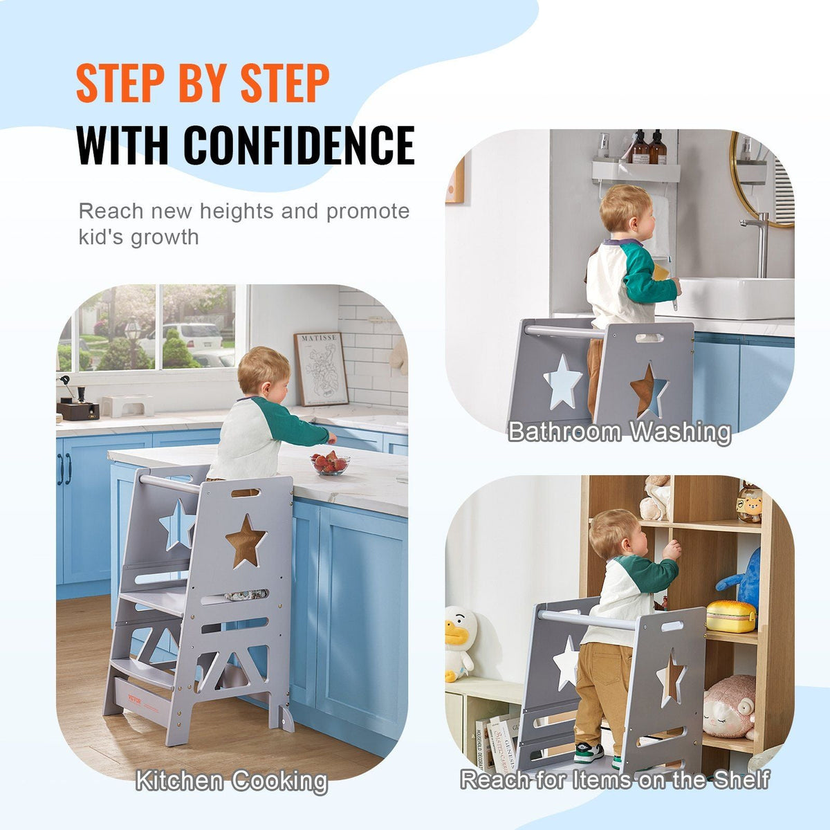 Tower Step Stool, 3-Level Height Adjustable Toddler Step Stools for Kids, Bamboo Standing Tower Learning Stool with Safety Rail for Kitchen Counter Bathroom, 350LBS, Gray