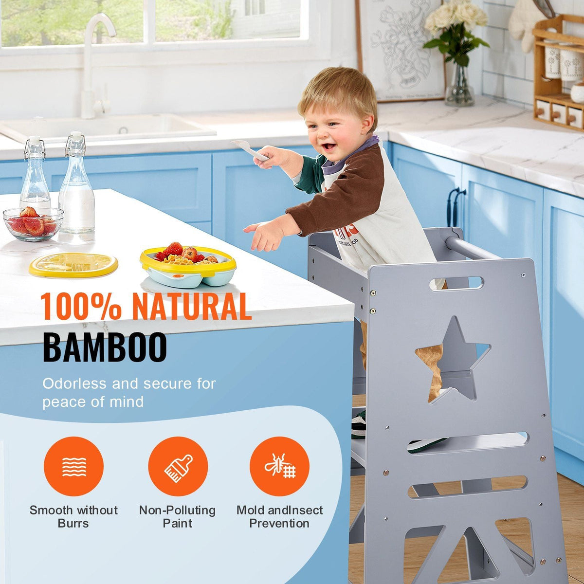 Tower Step Stool, 3-Level Height Adjustable Toddler Step Stools for Kids, Bamboo Standing Tower Learning Stool with Safety Rail for Kitchen Counter Bathroom, 350LBS, Gray