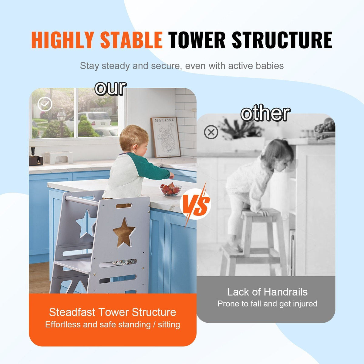 Tower Step Stool, 3-Level Height Adjustable Toddler Step Stools for Kids, Bamboo Standing Tower Learning Stool with Safety Rail for Kitchen Counter Bathroom, 350LBS, Gray