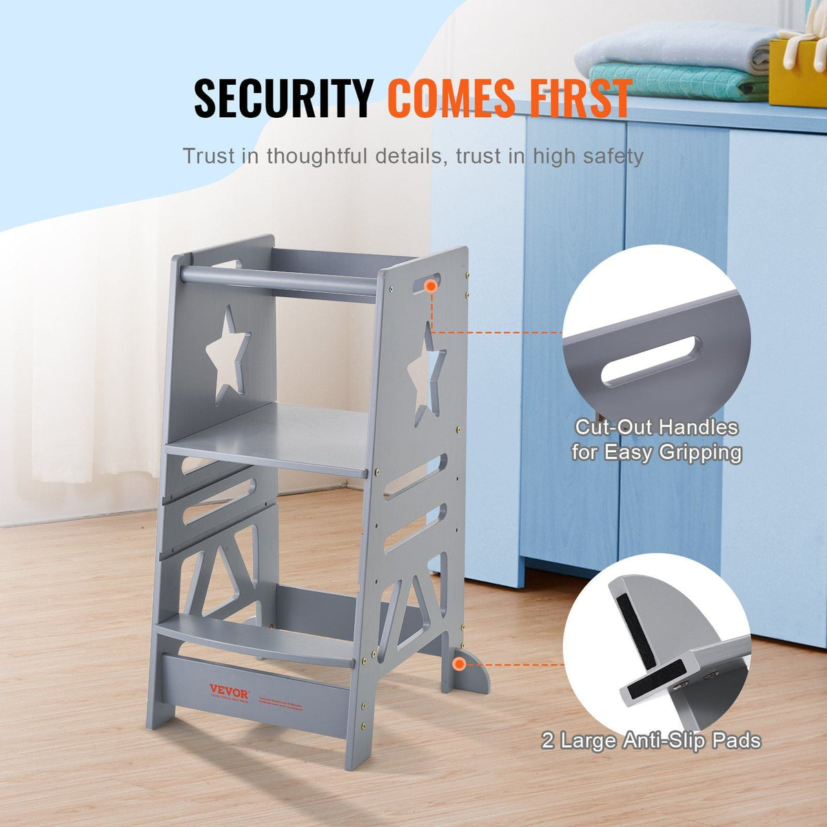 Tower Step Stool, 3-Level Height Adjustable Toddler Step Stools for Kids, Bamboo Standing Tower Learning Stool with Safety Rail for Kitchen Counter Bathroom, 350LBS, Gray