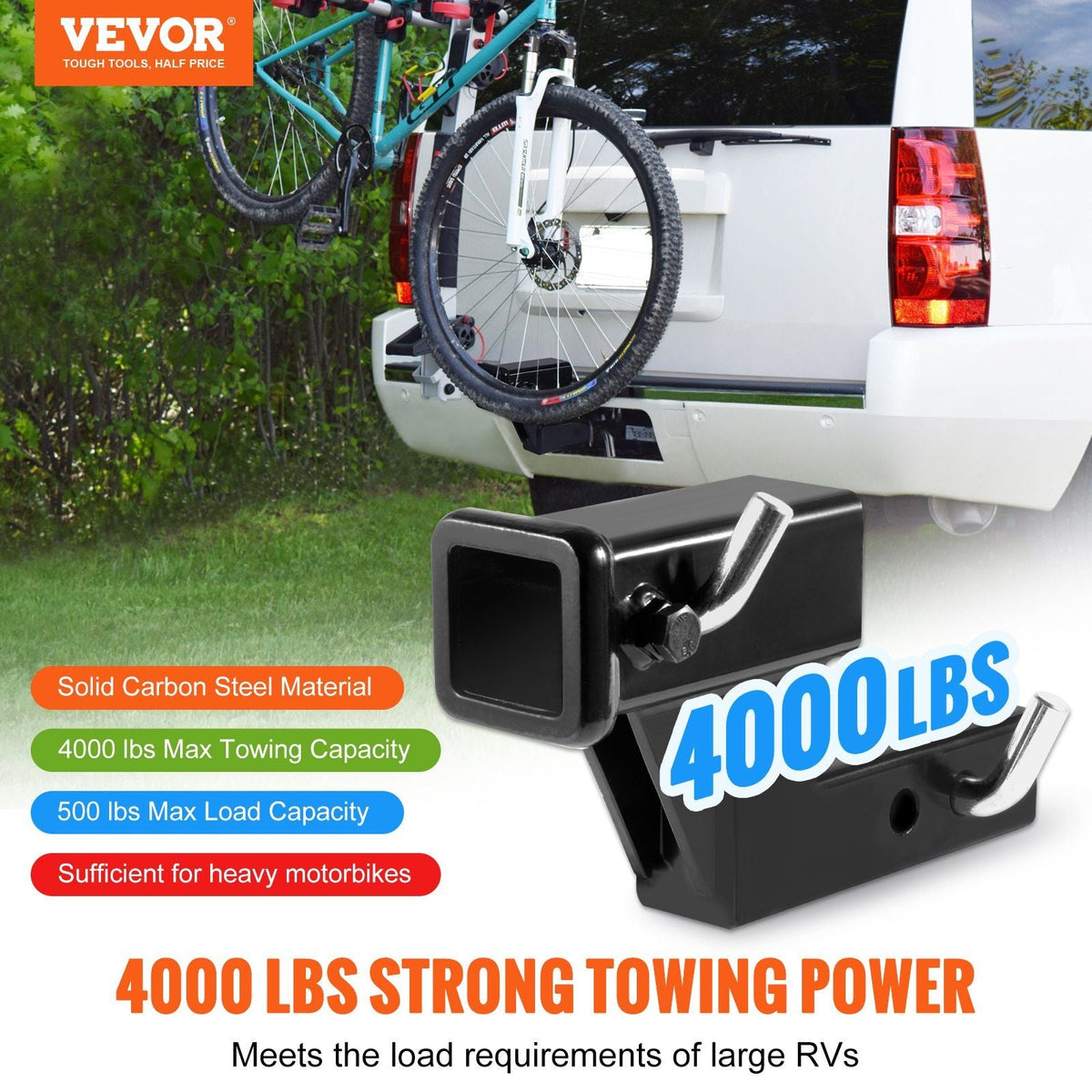 Trailer Hitch Riser, for 2" Receiver with 4" Rise/Drop, Trailer Receiver Hitch Extender Extension Adapter, 5-1/4" and 6-3/4" Extension Length, 4000 lbs Towing Capacity, Hitch Pin Included, Black