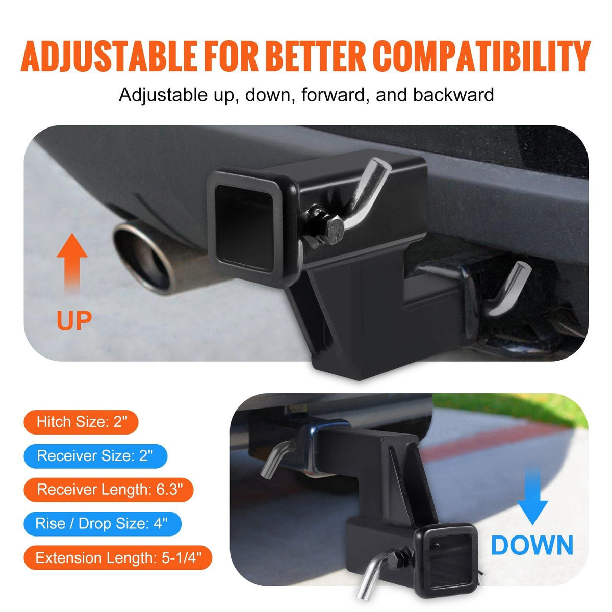 Trailer Hitch Riser, for 2" Receiver with 4" Rise/Drop, Trailer Receiver Hitch Extender Extension Adapter, 5-1/4" and 6-3/4" Extension Length, 4000 lbs Towing Capacity, Hitch Pin Included, Black