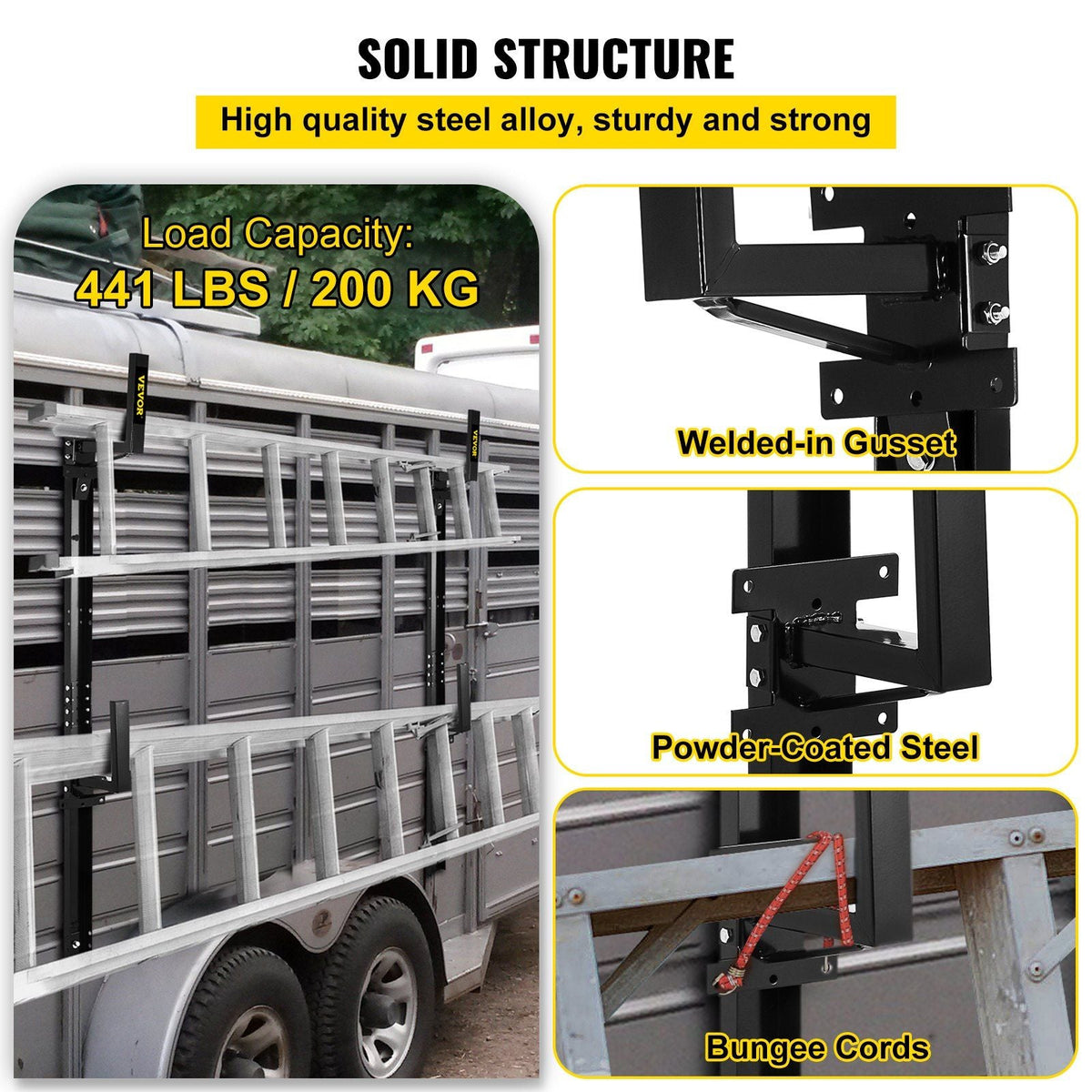 Trailer Ladder Rack, Fit for Enclosed Trailer Exterior Side Wall, 2 Bars Adjustable Steel Side Mount Ladder Rack with 441 LBS Capacity, Carry 1 or 2 Ladders, Black