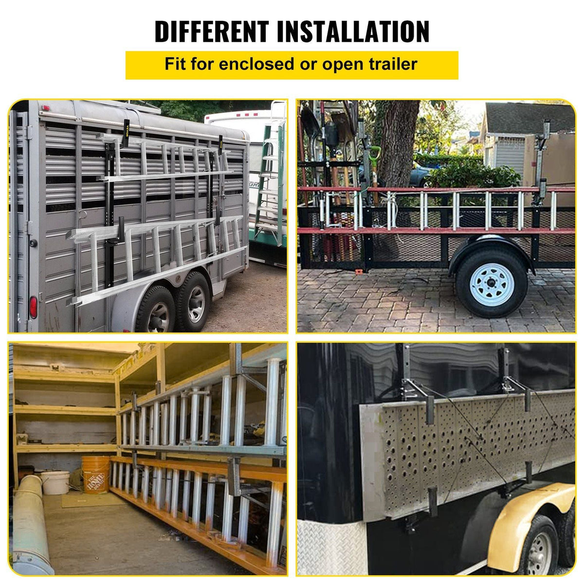 Trailer Ladder Rack, Fit for Enclosed Trailer Exterior Side Wall, 2 Bars Adjustable Steel Side Mount Ladder Rack with 441 LBS Capacity, Carry 1 or 2 Ladders, Black