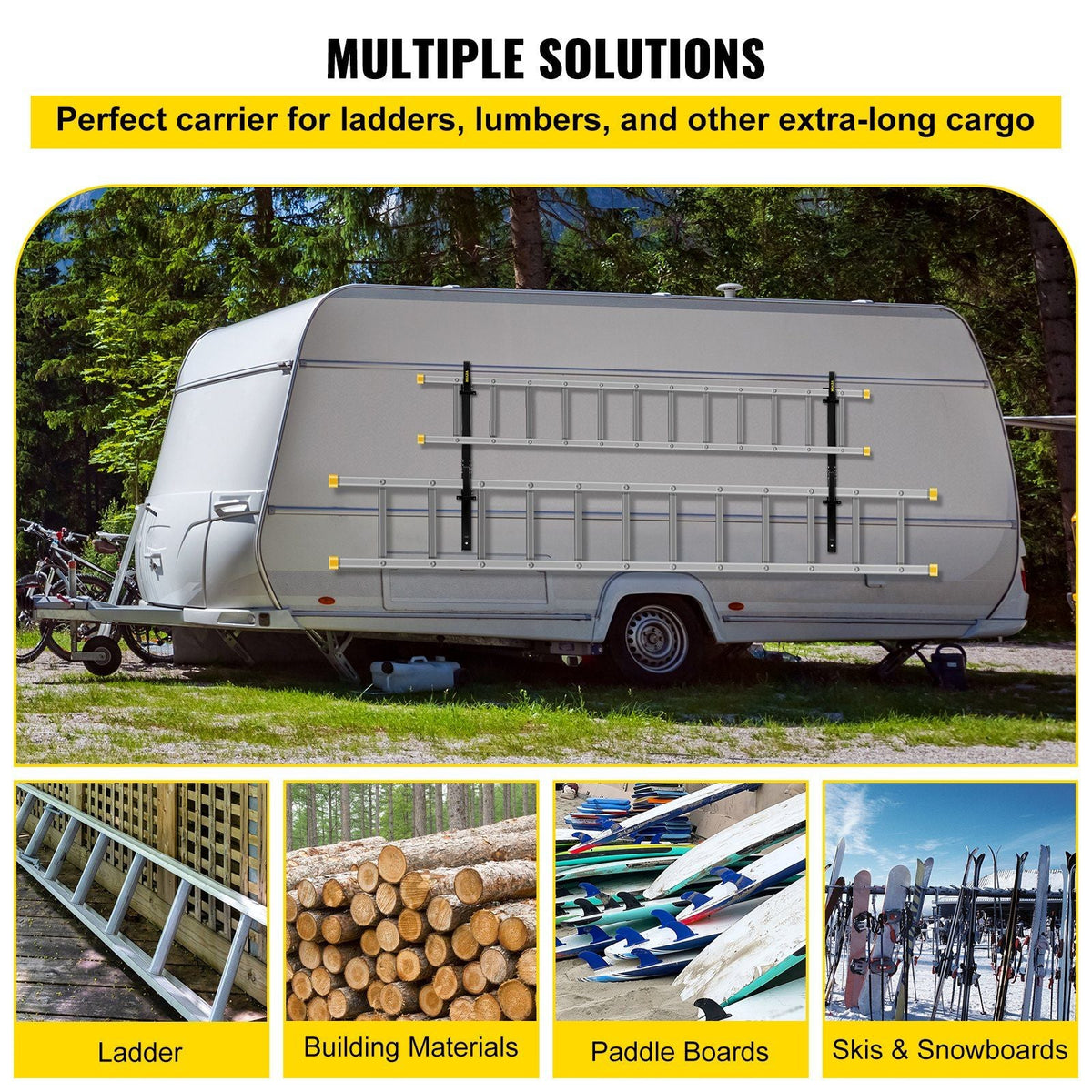 Trailer Ladder Rack, Fit for Enclosed Trailer Exterior Side Wall, 2 Bars Adjustable Steel Side Mount Ladder Rack with 441 LBS Capacity, Carry 1 or 2 Ladders, Black