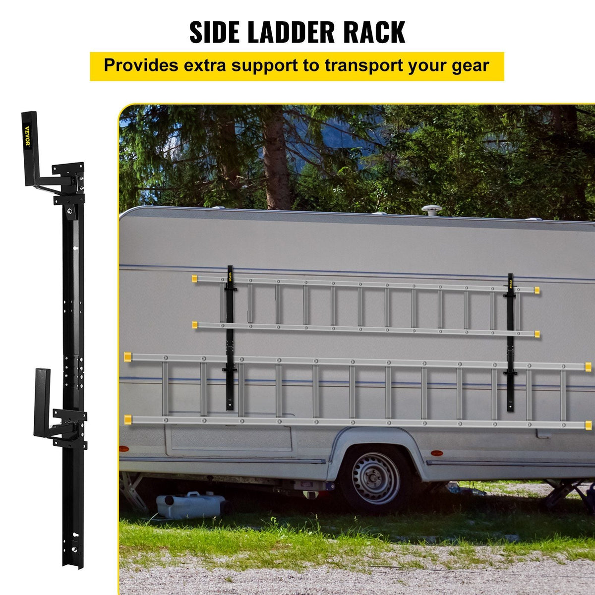 Trailer Ladder Rack, Fit for Enclosed Trailer Exterior Side Wall, 2 Bars Adjustable Steel Side Mount Ladder Rack with 441 LBS Capacity, Carry 1 or 2 Ladders, Black