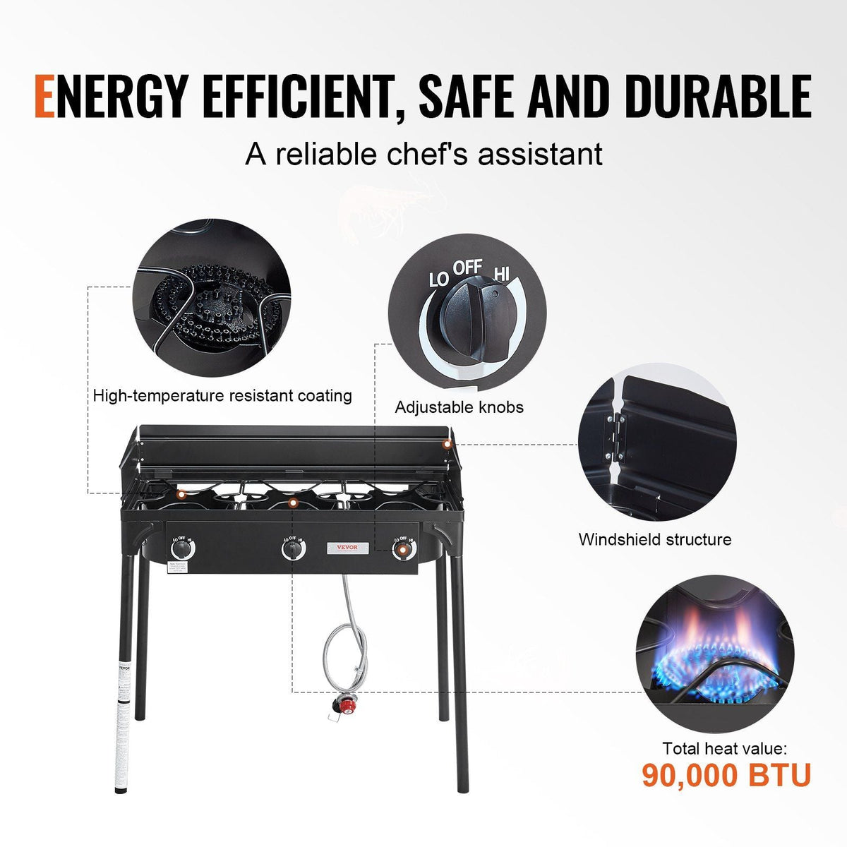 Triple Burner Outdoor Camping Stove, 90,000-BTU Camping Modular Cooking Stove, Heavy Duty Carbon Steel Gas Cooker with Detachable Legs Stand & PSI Regulator, for BBQ Home Camp Patio RV Cooking