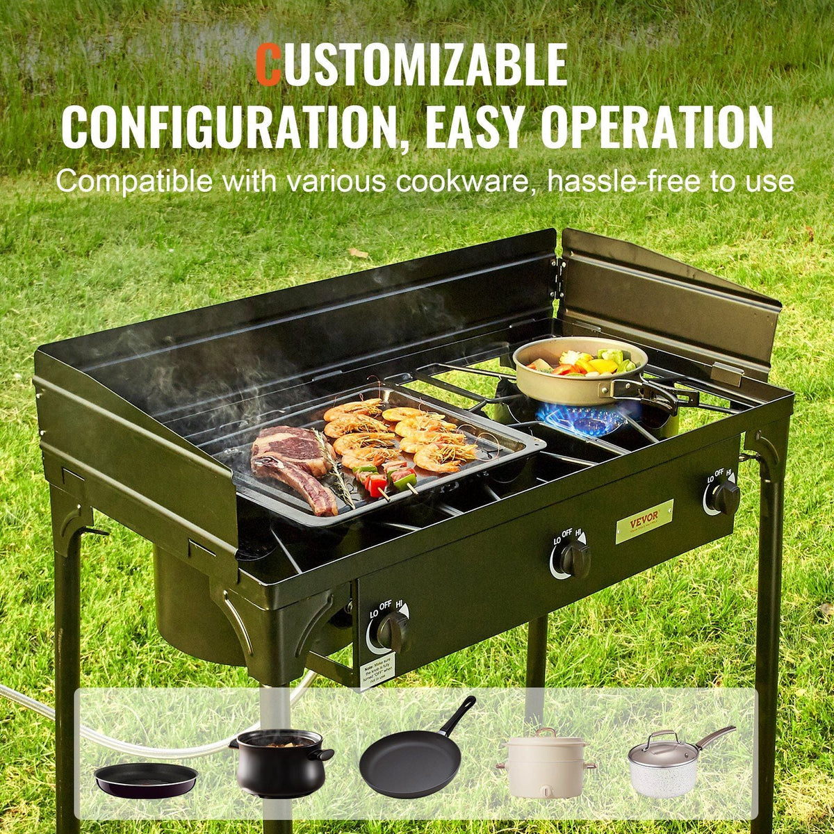 Triple Burner Outdoor Camping Stove, 90,000-BTU Camping Modular Cooking Stove, Heavy Duty Carbon Steel Gas Cooker with Detachable Legs Stand & PSI Regulator, for BBQ Home Camp Patio RV Cooking