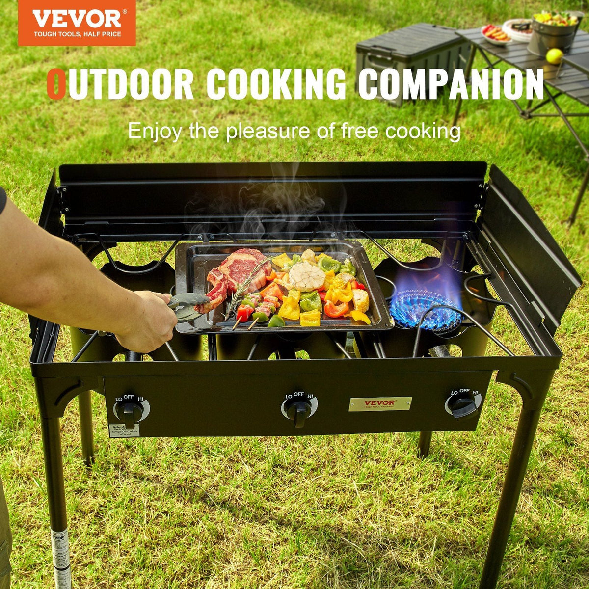 Triple Burner Outdoor Camping Stove, 90,000-BTU Camping Modular Cooking Stove, Heavy Duty Carbon Steel Gas Cooker with Detachable Legs Stand & PSI Regulator, for BBQ Home Camp Patio RV Cooking
