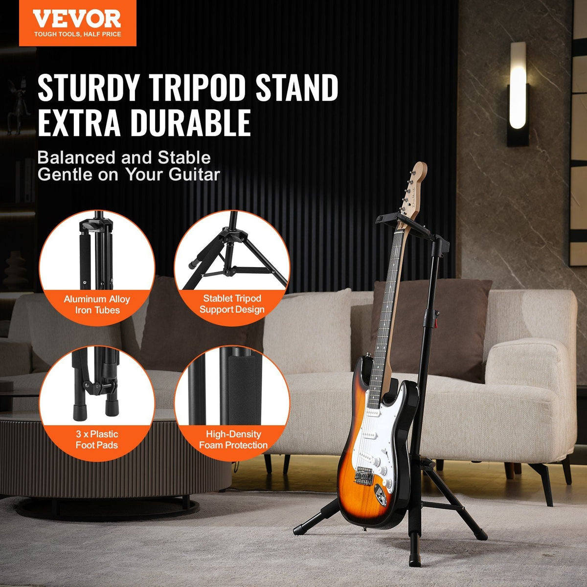 Tripod Guitar Stand Floor-Standing Foldable 35.4-47.2 in Adjustable Height