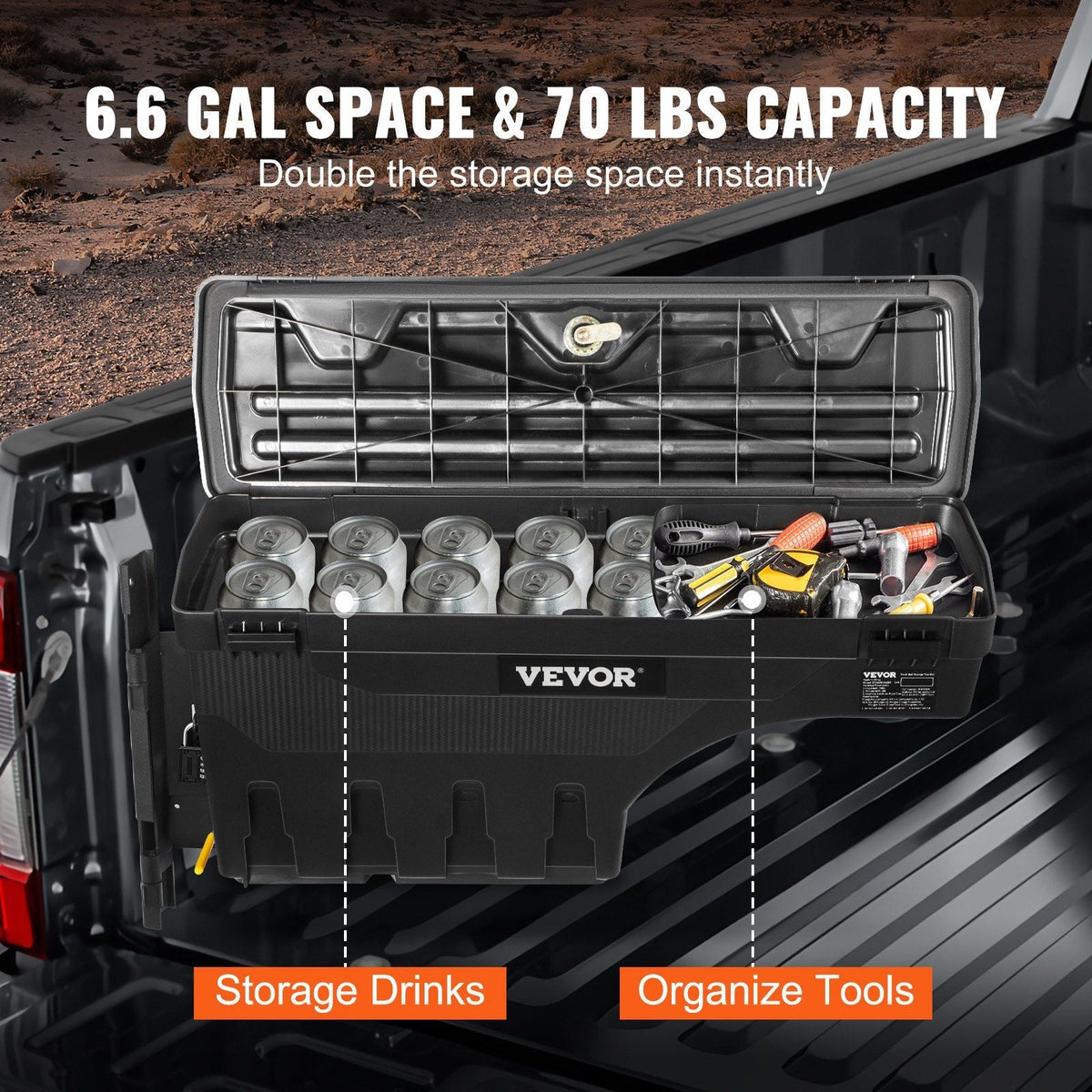 Truck Bed Storage Box, Lockable Swing Case with Password Padlock, 6.6 Gal/25 L ABS Wheel Well Tool Box, Waterproof and Durable, Compatible with Ford Super Duty 2017-2021, Drivers Side