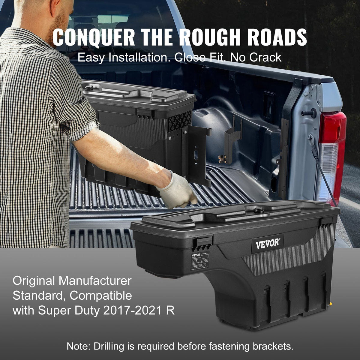 Truck Bed Storage Box, Lockable Swing Case with Password Padlock, 6.6 Gal/25 L ABS Wheel Well Tool Box, Waterproof and Durable, Compatible with Ford Super Duty 2017-2021, Passenger Side