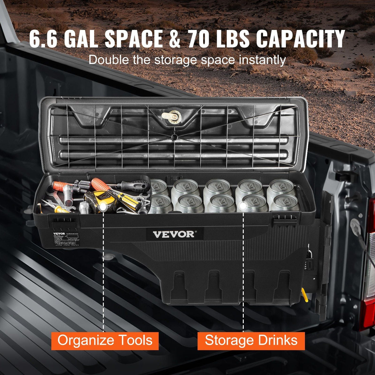 Truck Bed Storage Box, Lockable Swing Case with Password Padlock, 6.6 Gal/25 L ABS Wheel Well Tool Box, Waterproof and Durable, Compatible with Ford Super Duty 2017-2021, Passenger Side
