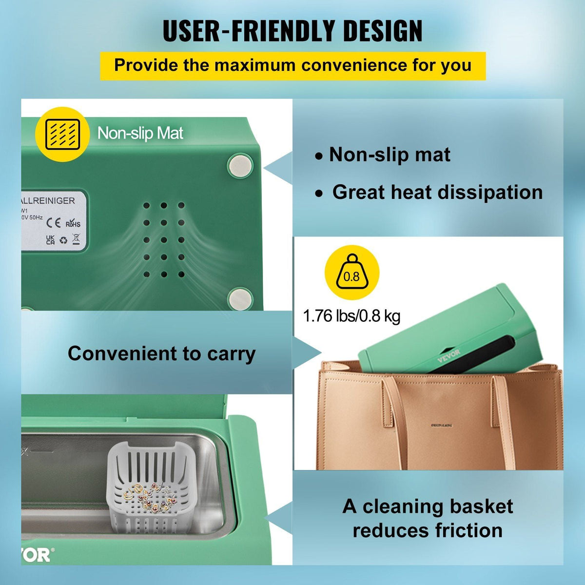 Ultrasonic Jewelry Cleaner, 45 kHz 500ML, Professional Ultra Sonic Cleaner w/Touch Control, Digital Timer, Cleaning Basket, Stainless Steel Ultrasound Cleaning Machine for Watches Glasses Green