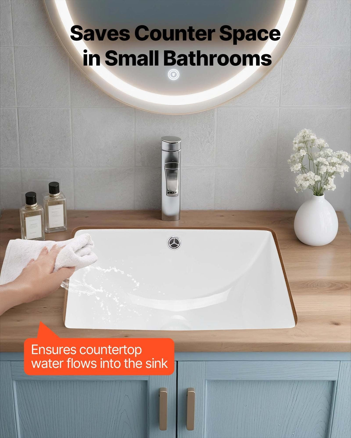 Undermount Bathroom Sink, 18.11 x 12.99 Inch Rectangular White Ceramic Vessel Sink with Overflow Hole, Under Counter Drop in Modern Lavatory Vanity Bath Wash Bowl Basin, Rectangle Small Space