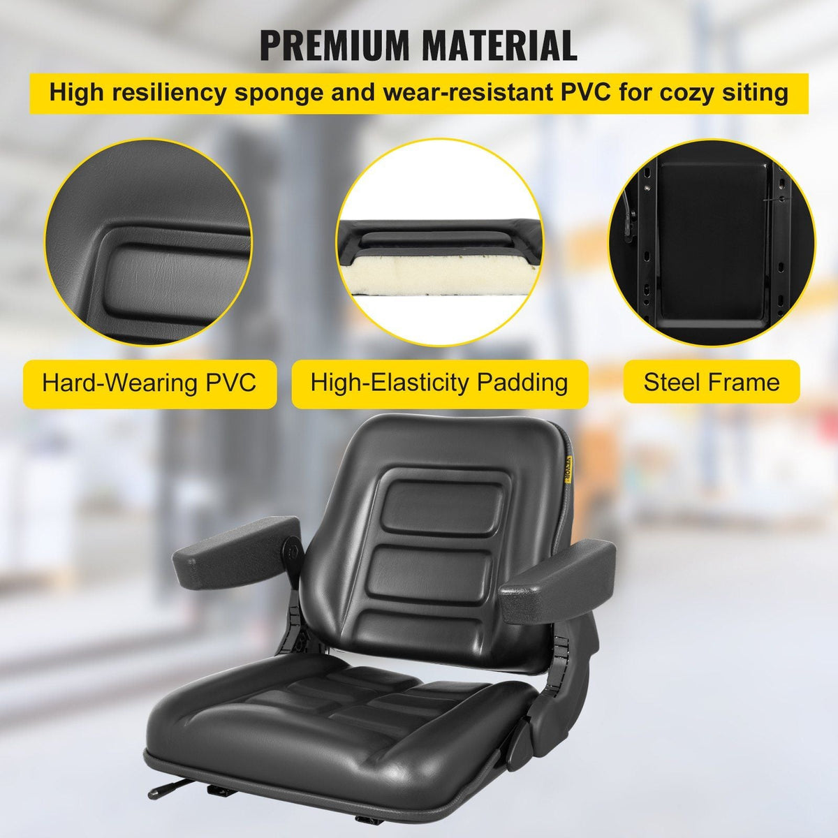 Universal Forklift Seat Black PVC Tractor Seat, 6"/150MM Adjustable Mower Seat Foldable Seat Including Armrests&Seat Switch, 18.5" x 20" x 18" Skid Steer Seat Fit Forklift, Tractor, Skid Loader