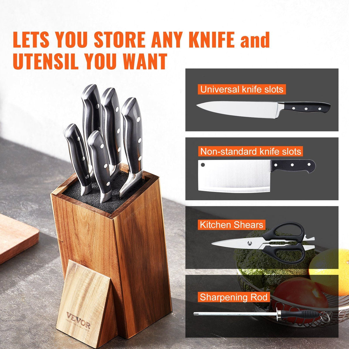 Universal Knife Holder, Acacia Wood Knife Block Without Knives, Extra Large Knife Storage Holder Stand with PP Brush, Multifunctional Wooden Knife Organizer, Knife Rack for Kitchen Counter