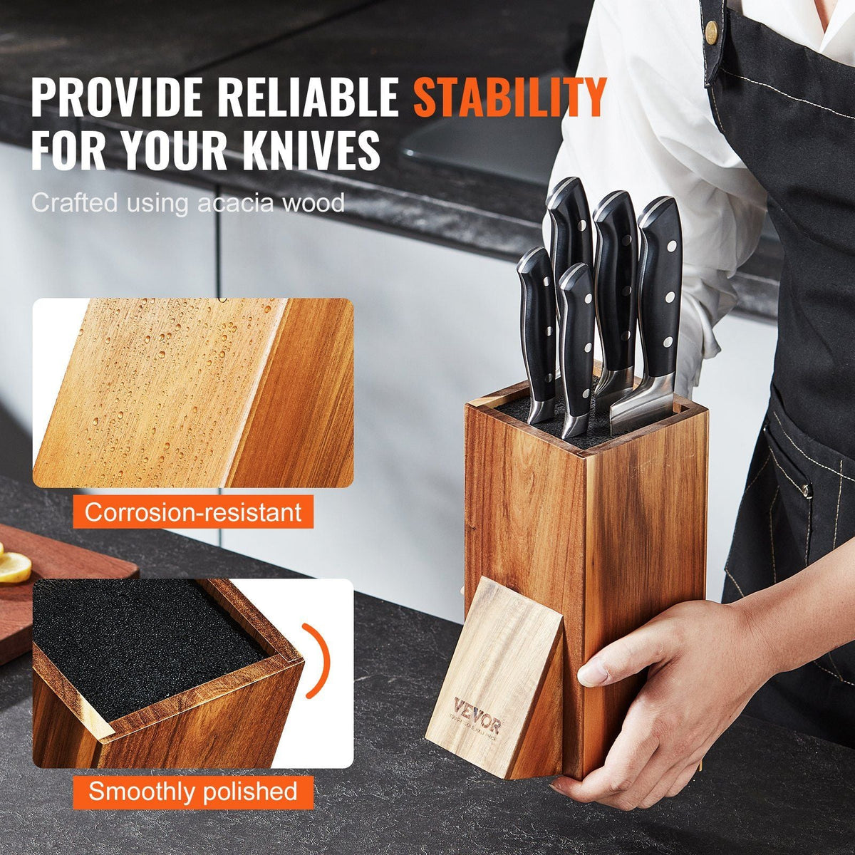 Universal Knife Holder, Acacia Wood Knife Block Without Knives, Extra Large Knife Storage Holder Stand with PP Brush, Multifunctional Wooden Knife Organizer, Knife Rack for Kitchen Counter