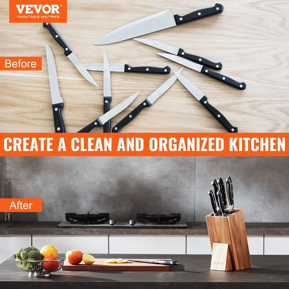 Universal Knife Holder, Acacia Wood Knife Block Without Knives, Extra Large Knife Storage Holder Stand with PP Brush, Multifunctional Wooden Knife Organizer, Knife Rack for Kitchen Counter