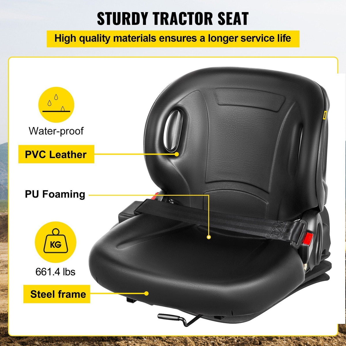 Universal Tractor Seat With Retractable Seat Belt Switch, Forklift Seat, Lawn Mower Seat, Equipment Seat Compatible With Hyster, Tcm, Mitsubishi, And Nissan , Black
