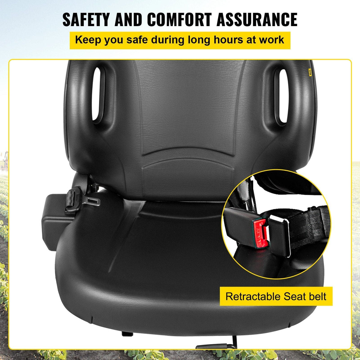 Universal Tractor Seat With Retractable Seat Belt Switch, Forklift Seat, Lawn Mower Seat, Equipment Seat Compatible With Hyster, Tcm, Mitsubishi, And Nissan , Black