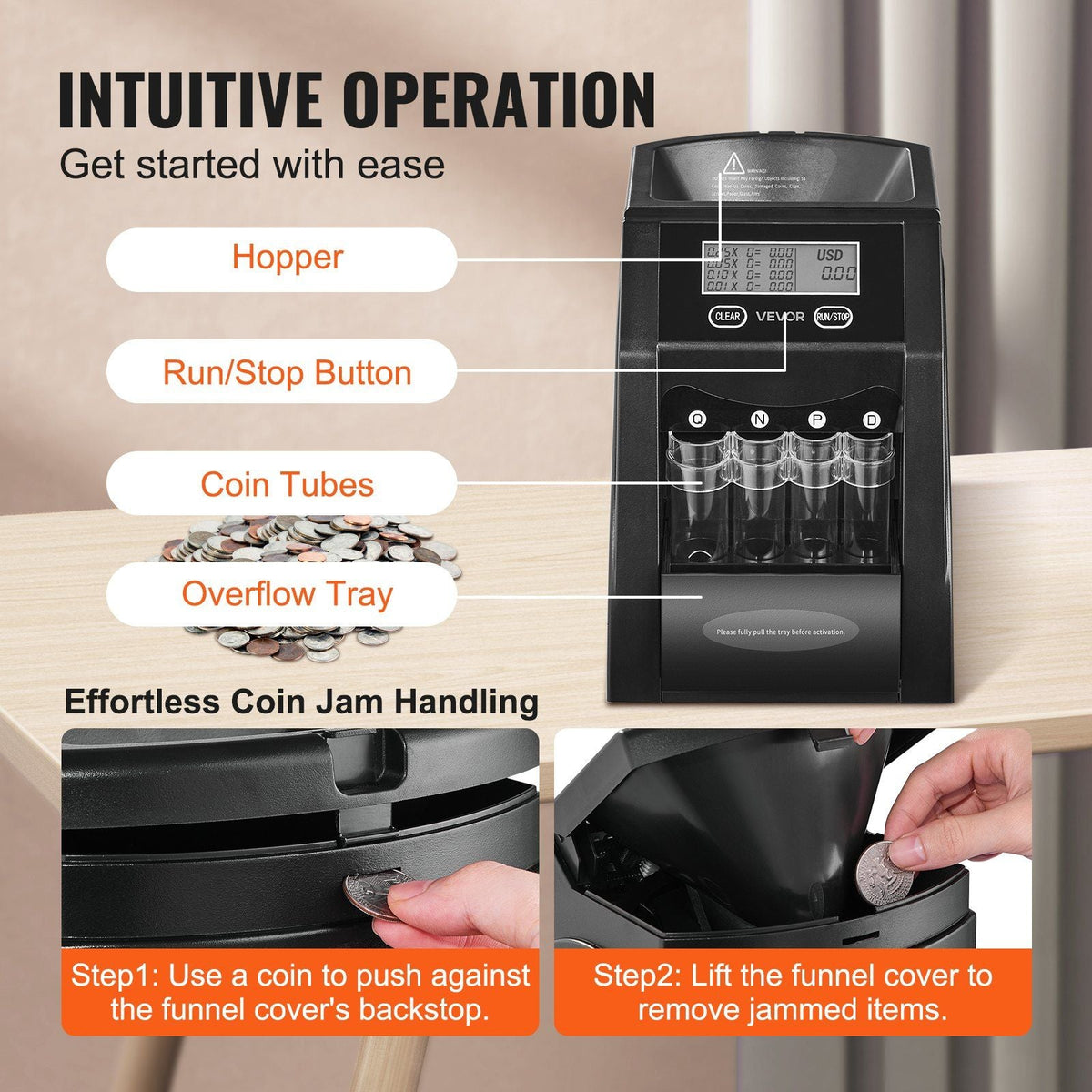 USD Coin Sorter with LCD Screen Display Holds up to 200 Coins 4 Coin Tubes